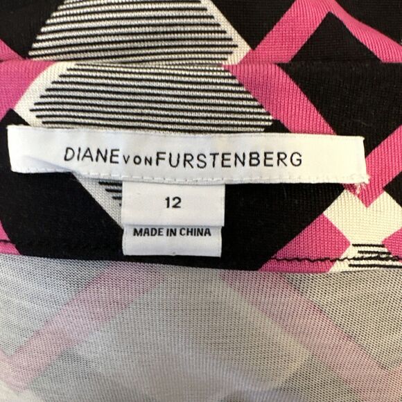 Diane Von Furstenberg Julian Two Wrap Dress Size 12 Square Tips Pink Black Silk - Picture 7 of 10